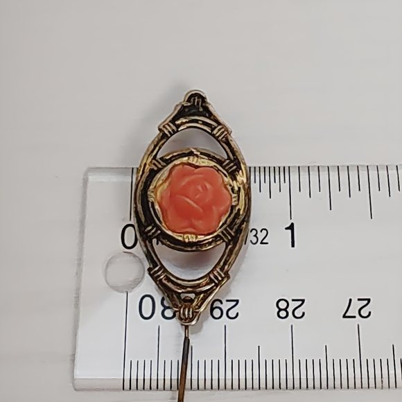 Vintage 1930's Sterling Silver Gold Vermeil Celluloid Coral Rose Brooch Pin - Picture 6 of 8